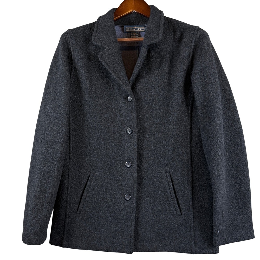 VINTAGE 90s Herman Geist Wool Blend Charcoal Gray Coat Women S Button Front FLAW